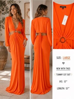 FORE Bright Orange Ring-Front Maxi Dress LARGE
Tummy cut out 
Pit 17”
Length 57”